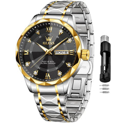 OLEVS Watches for Men Business Dress Two-Tone Black Men Watch Diamond Stainless Steel Big Dial Waterproof Analog Date Wristwatch